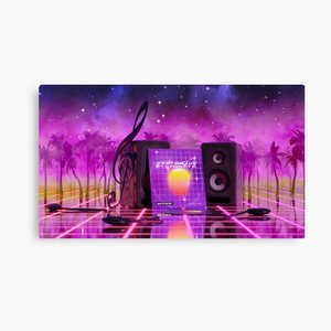 Synthwave music in music land with palm trees