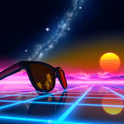 Sunglasses in a synthwave landscape - Retro 80s Synthwave