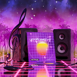 Synthwave music in music land with palm trees - Retro 80s Synthwave