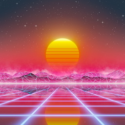 80s retro sun in synthwave landscape (Magenta/Pink) - Retro 80s Synthwave