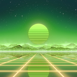 80s retro sun in synthwave landscape (Green) - Retro 80s Synthwave