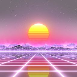 80’s retro sun in synthwave landscape (Lilac/Purple/Pink) - Gaia Dream Creation