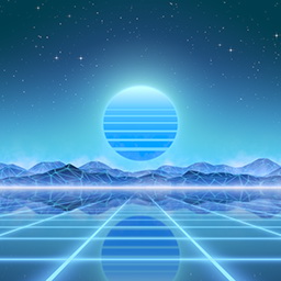 80’s retro sun in synthwave landscape (Blue) - Gaia Dream Creation
