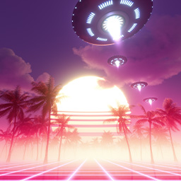 Flying saucers in a sunset synthwave landscape - Gaia Dream Creation