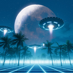 Flying saucers in a partial lunar eclipse synthwave landscape - Gaia Dream Creation