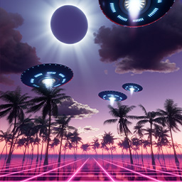 Flying saucers in a total solar eclipse synthwave landscape - Gaia Dream Creation