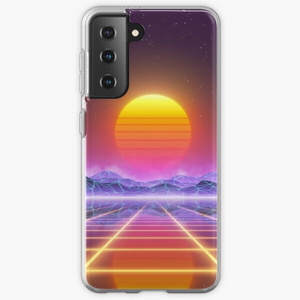 80s retro sun in synthwave landscape (Blue/Purple/Yellow) - Samsung phone cases