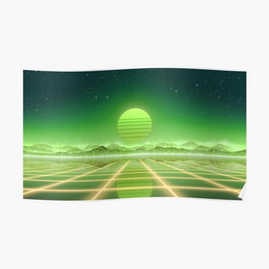 80s retro sun in synthwave landscape (Green) - Posters