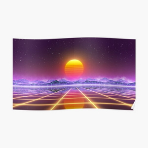 80s retro sun in synthwave landscape (Blue/Purple/Yellow) - Posters