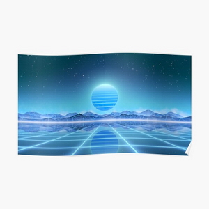 80s retro sun in synthwave landscape (Blue) - Posters
