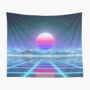 80s retro sun in synthwave landscape (Blue/Purple) - Tapestry