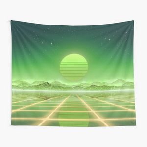 80s retro sun in synthwave landscape (Green) - Tapestry