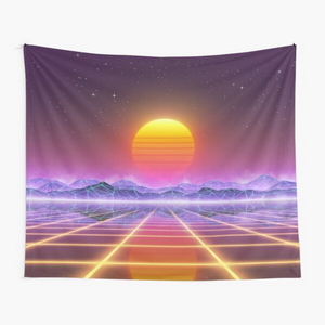 80s retro sun in synthwave landscape (Blue/Purple/Yellow) - Tapestry
