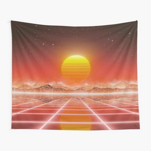 80s retro sun in synthwave landscape (Red) - Tapisseries