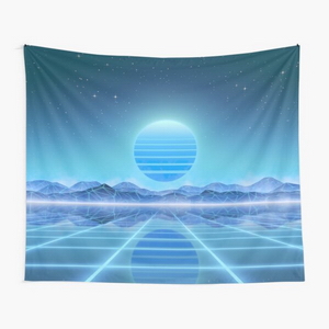 80s retro sun in synthwave landscape (Blue) - Tapestry